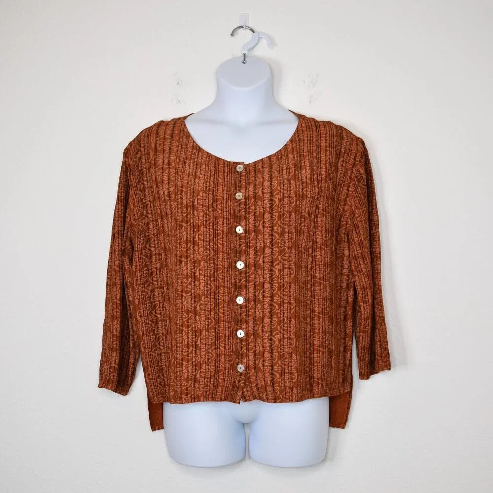 UNO Danmark Floral Blouse Button Down Sz O/S Drawstring Back Boho Cottagecore